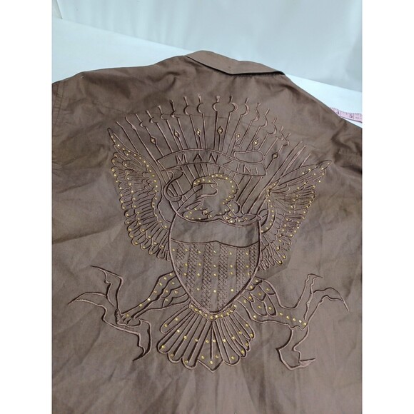 Manzini Brown Dress Shirt Mens XL Button Front French Cuff Embroidery Eagle - Picture 5 of 12